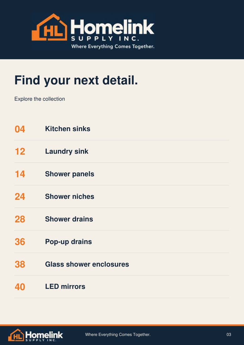 Homelink product catalogue page 3. Open the PDF for text, dimensions and zoom.